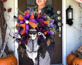Halloween Witch Wreath Spooky Front Door Decor Purple Orange Black Witch Wreath Witch Hat Skeleton Hands Wreath decor Halloween Door Hanger