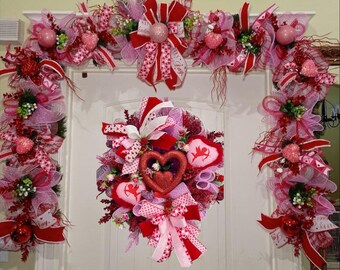 Valentines Garland and wreath SET mantle decor pink and red garland Cupid wreath front door wreath