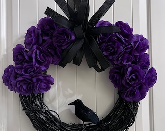 Halloween wreath Raven wreath for front door The Raven wreath Gothic crow wreath Purple rose door hanger wall hanging home decor black crow