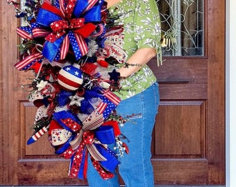 Patriotic Wreath for Front Door Red White Blue Rose Wreath 4th of July Decor Memorial Day Wreath  Summer Door Decoration  Americana