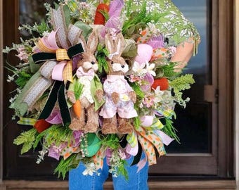Large Easter Bunny Wreath Spring Front Door Wreath Luxury floral Easter Decor Pink Green Spring  Wreath bunny couple Whimsical Bunny Door