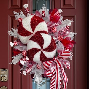 Peppermint wreath front door peppermint decor candy cane theme peppermint swag candy cane wreath large red and white wreath whimsical swag