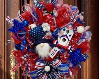 Patriotic Gnome Wreath Red White Blue Door Wreath 4th of July Decor Americana Deco Mesh Wreath USA Front Door Swag Summer Patriotic Wreath