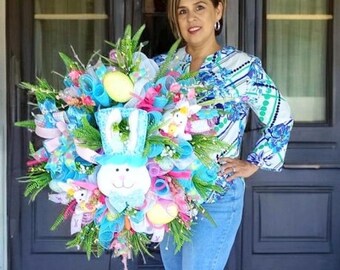 Easter Bunny Wreath for Front Door, Pastel Spring Wreath, Handmade Easter Door Decor, Colorful Bunny Wreath, Egg & Floral Easter Porch Decor