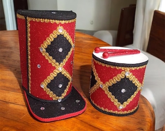 Nutcracker Hat and Drum Set, Red and Black Christmas Decor, Traditional Nutcracker Decor, Holiday Table Centerpiece, Handmade Nutcracker