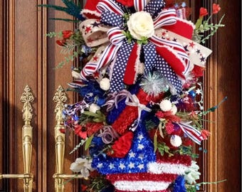 Luxury Patriotic Door Swag 4th of July Wreath  Americana Deco Mesh Swag Red White Blue Front Door Decor Memorial Day Independence Day