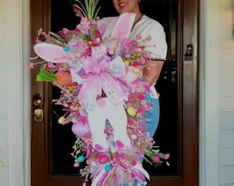 Large Easter Bunny Swag for Front Door Luxury Pink Spring Door Decor whimsical swag  Easter Wreath Bunny Porch Decor Pastel colors