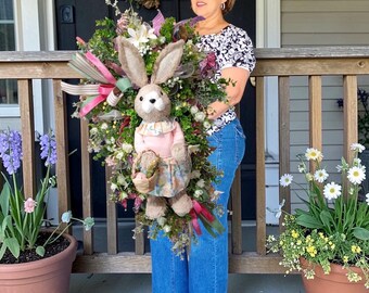 Large Easter Bunny Wreath front door  Spring Decor straw bunny Pink Floral Bunny Wreath Easter Swag Pastel Spring Door Hanger Farmhouse