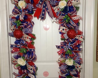 Patriotic Garland Patriotic decor Independence Day Americana decor  Red White and Blue Garland Door Garland  Swag Mantle  Decor 4th of July