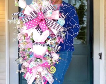 Pink Whimsical Easter Wreath front door gnomes lovers Luxury Spring Door Swag Designer Ribbon & Pastel Floral swag  Decor pink Harley Queen