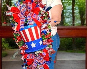 Patriotic Uncle Sam Wreath Swag 4th of July Door Decoration with Glitter Top Hat, Red White Blue Bow, Memorial Day & Independence Day Fron