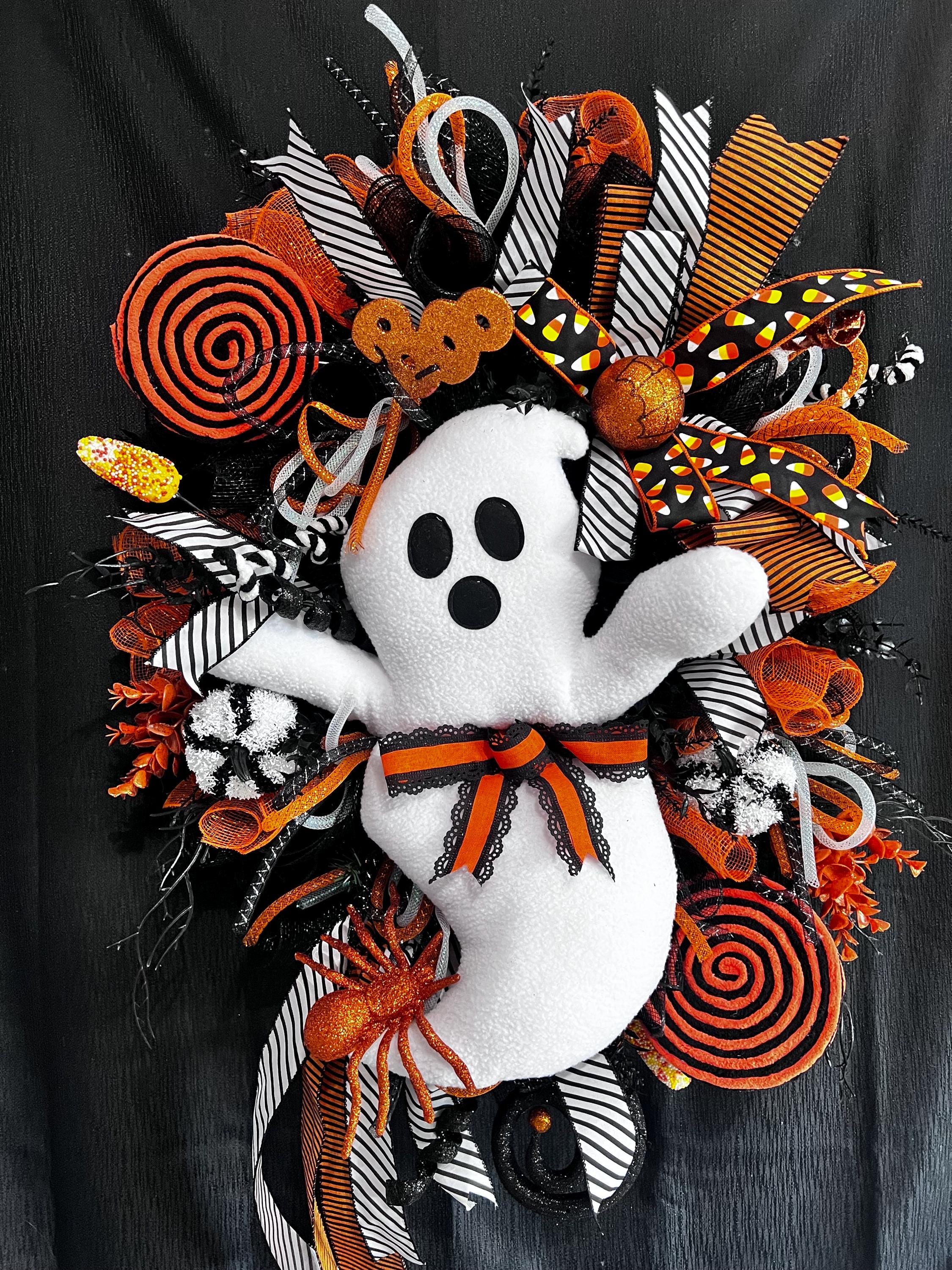 Halloween Ghost Wreath with Spiders Candy Corn and Ribbons  Black & Orange Halloween Door Decor Ghost Mesh Wreath