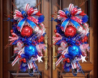 Patriotic Red White Blue Wreath, 4th of July Door Decor, Americana Mesh Wreath, Memorial Day Decoration, Independence Day Front Door Wreath,