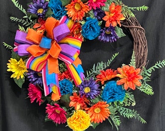 Summer Wreath Spring Hanger for Front Door wreath  daisies Summer Flower Wreath colorful Summer Door Wreath Multi Colored Wreath grapevine