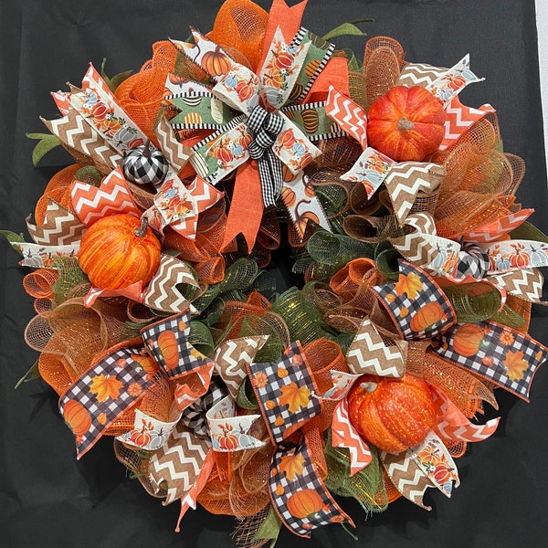 Fall Mesh Wreath, Fall Ribbon, fall colors, orange, door wreaths, Porch Decor, Autum Wreath, Front door, Mesh wreath,Ribbon wreath