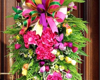 Spring Floral Swag front door wreath farmhouse  Pink Tulip Wreath with Butterfly  Colorful Front Door Decor double doors tulip lovers