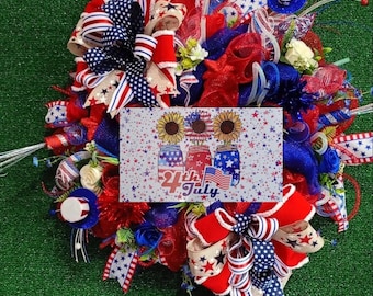Patriotic Wreath  4th of July Door Decor Red White Blue  Mesh Wreath Americana Front Door Swag Independence Day Porch farmhouse Veterans Day