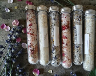 Luxury Bath Salt Vials Gift Set, Herbal Bath Soak Tubes, Spa Gift for Women, Relaxation Self Care Kit, Wedding Favor Bath Salts