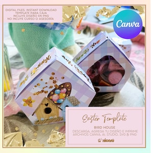 Puede incluir: Una plantilla de Pascua imprimible para una caja con forma de casita de pájaros. La plantilla incluye un diseño con una casita de pájaros, flores y un nido con huevos. El texto "Easter Template" y "Bird House" está incluido en el diseño. El texto "Descarga, agrega tu diseño e imprime archivos Canva, AI, Studio, SVG & PNG" también está incluido en el diseño.