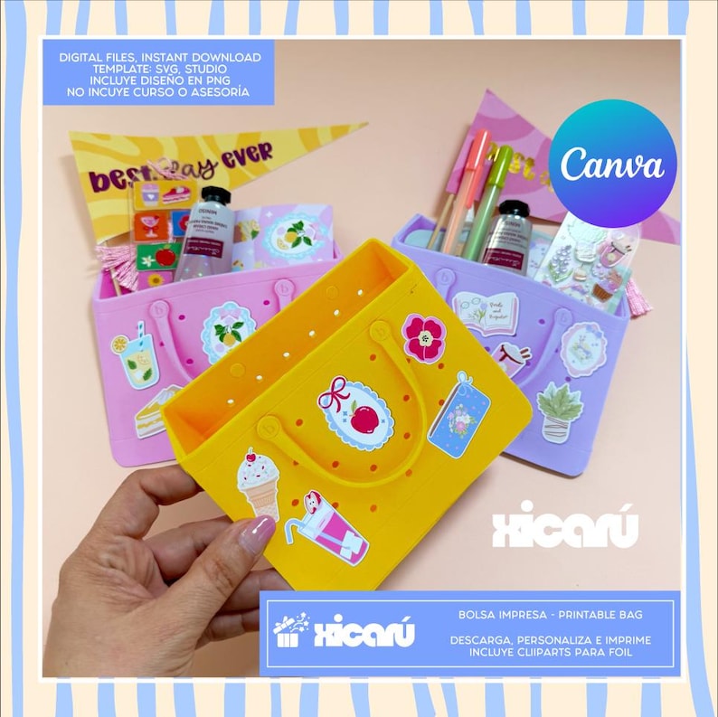 May include: A selection of colourful tote bags, including yellow, pink, and purple, decorated with stickers. The bags contain pens, paint tubes, and other craft supplies. Text on the image includes "best day ever" and "Canva".