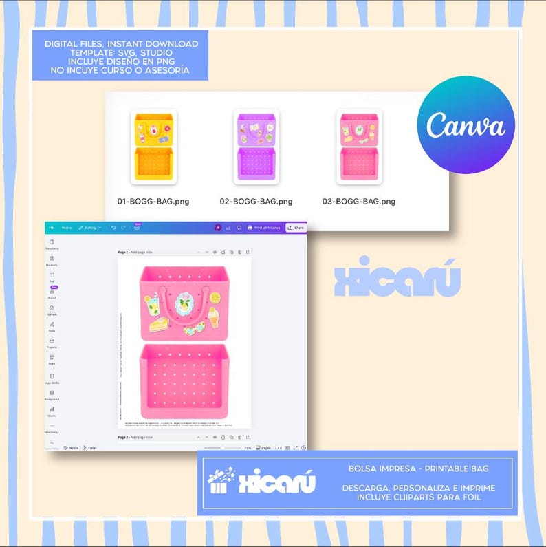 May include: Digital files for printable bag templates. The image shows three different bag designs in yellow, purple, and pink. The designs are labeled 01-BOGG-BAG.png, 02-BOGG-BAG.png, and 03-BOGG-BAG.png. The Canva logo is visible.