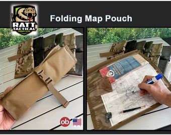 May include: A tan folding map pouch with a clear plastic window and a black strap. The pouch is open and a map is visible inside. The pouch is made in the USA.