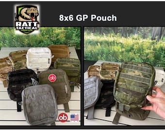 May include: A set of eight 8x6 GP pouches in various camouflage patterns, including Multicam, Coyote Brown, and Black. The pouches are made by RATT Tactical Combat Gear and feature a small red label with the letters "ob" on it.
