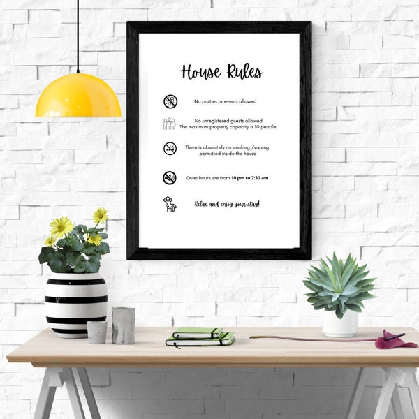 House Rules Sign Printable, 1 page, House Rules Sign, Editable Sign Template, Size US A4 Paper, 100% Editable, Digital Instance Download