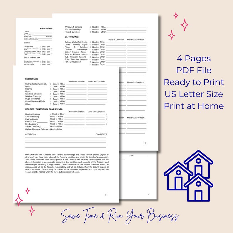 Move Out Conditin Move in Move Out Check List Form | Us Letter Size | PDF File| Instant ...