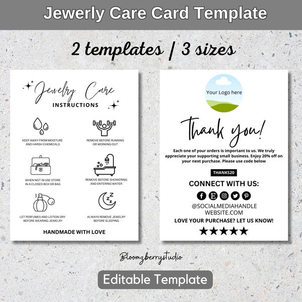 Editable Jewelry Care and Thank You Card | 2 Templates | 3 Sizes | Jewelry Business Template | Custom Jewelry Care, Thank you Card Template