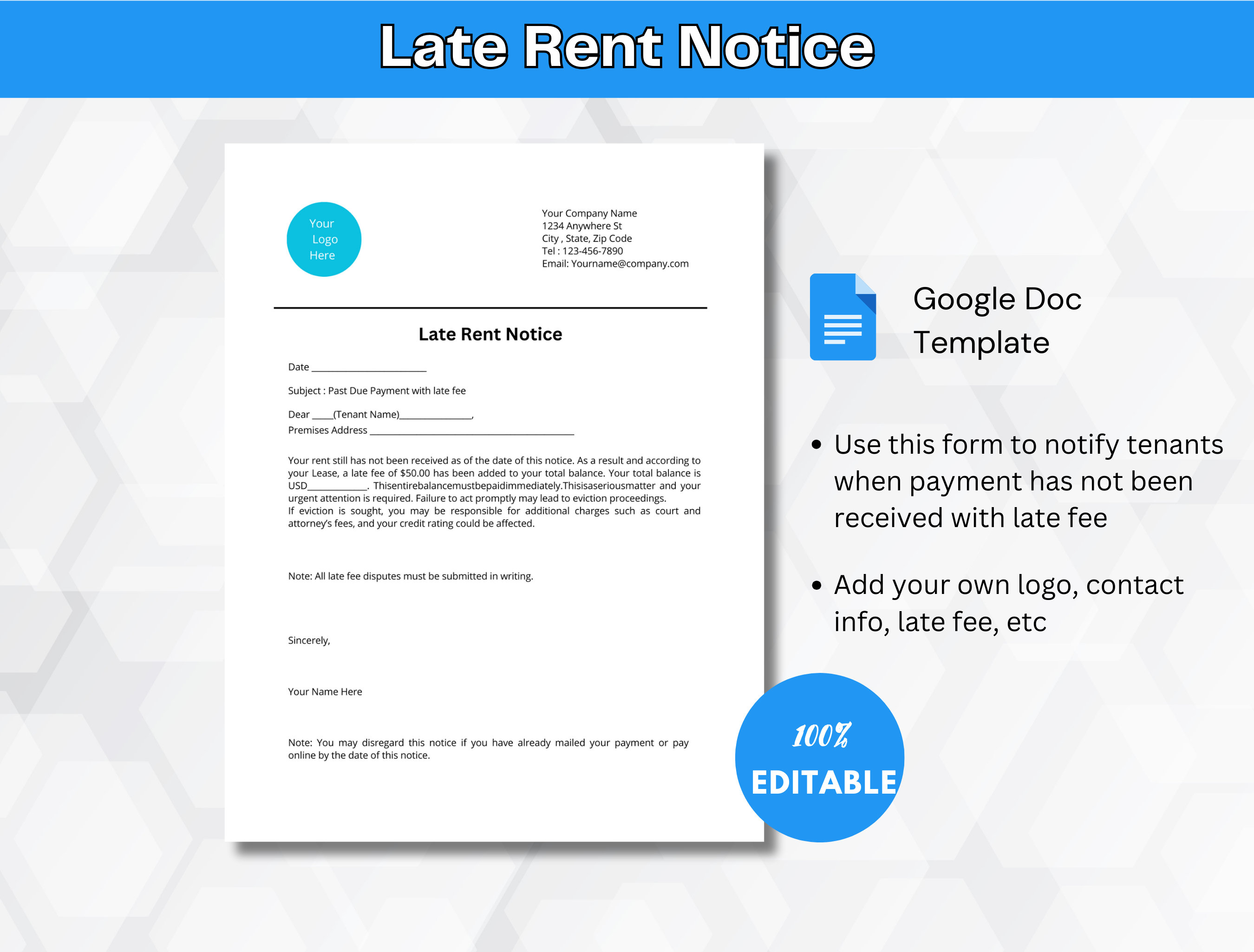 Late Rent Notice Form Template | Us letter Size | Editable Template | Instant Download | Google Doc Template | Rental Form Template Editable