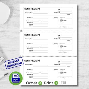 Plantilla de formulario de recibo de alquiler / Carta de EE. UU. y A4 / Descarga instantánea / Plantilla lista para imprimir / Recibos comerciales / Formulario comercial de alquiler