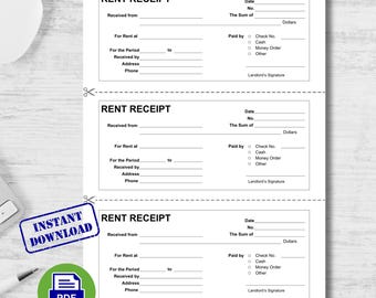 May include: White rent receipt template with fields for tenant and landlord information. Includes sections for rent amount, payment method, and period covered. Features a blue "Instant Download" stamp and a PDF icon.