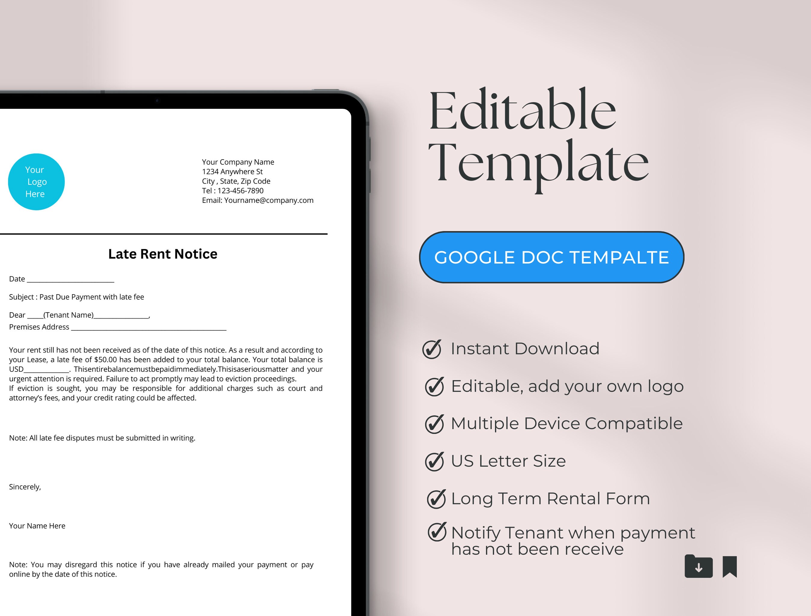 Late Rent Notice Form Template | Us Letter Size | Editable Template ...