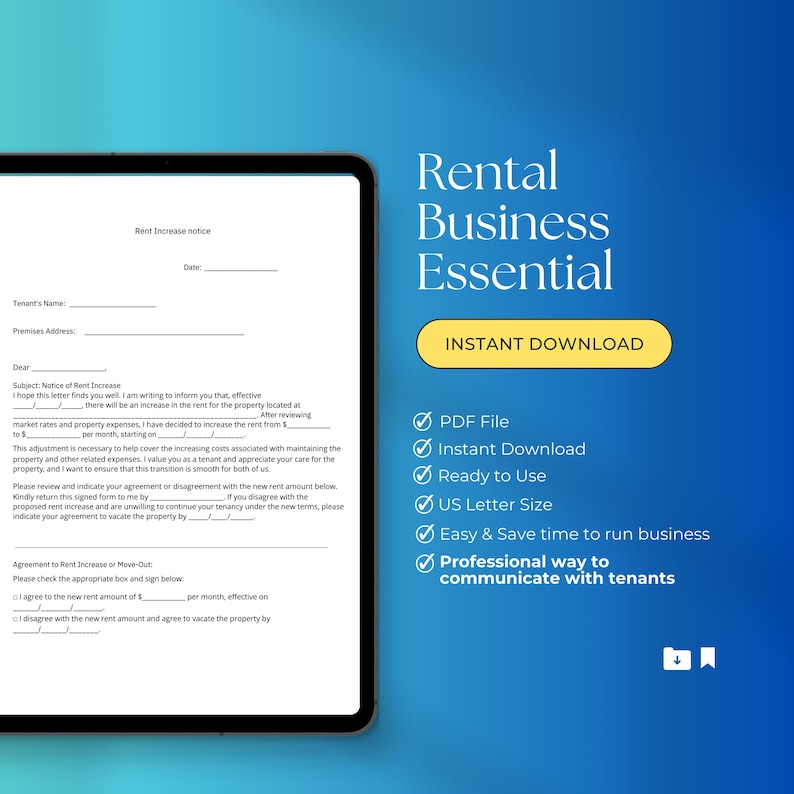 Download Rent Increase Form Rent Increase Notice Form | Us Letter Size | PDF File| Instant Download ...