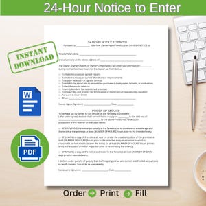 Formulario de aviso de ingreso con 24 horas de anticipación / Tamaño carta de EE. UU. / Archivo PDF y Word / Descarga instantánea / Plantilla lista para imprimir / Formulario comercial de alquiler
