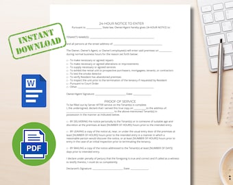 24-Hour Notice to Enter Form | Us letter Size | PDF and Word File| Instant Download | Ready to Print Template | Rental Business Form