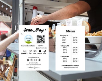 Set of 2 Editable Scan to Pay Sign QR Code Sign Template Canva, Printable Payment Sign with Menu List, CashApp Venmo Sign Customizable