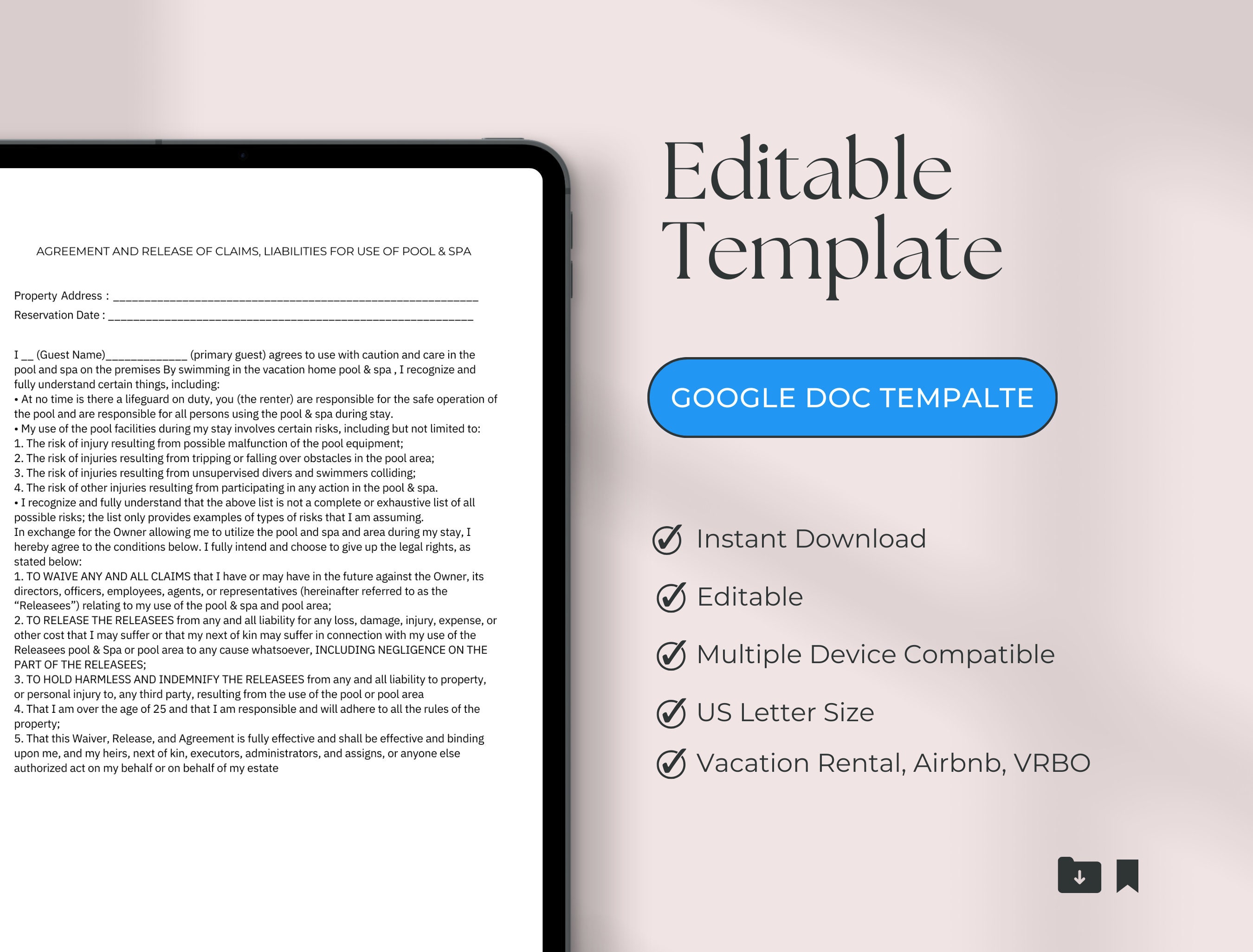 Pool & Spa Release Form Template | Us Letter Size | Editable Template ...