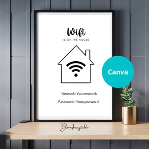 Señal de contraseña de WIFI imprimible, señal de wifi, señal de contraseña de WIFI, plantilla de WiFi editable, tamaño carta A4, 100 % editable, descarga de instancia digital