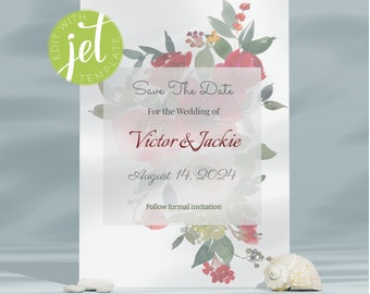 Red Flower PRINTABLE Wedding SAVE The Date Template, Digital Download, announcing wedding date, Floral Save the Date Digital Template