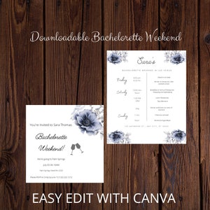 Blue Rose of Bachelorette weekend Invitation and itinerary Canva Editable Instant Download Template