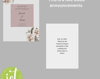 Beige Rose PRINTABLE Wedding SAVE The Date Card Template, Digital Download with a back side details  Template, Wedding Invitation, Evite