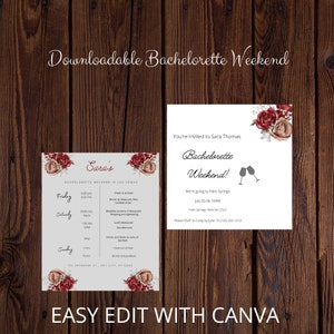 Red Rose Gold  Bachelorette weekend Invitation and itinerary Canva Editable Instant Download Template