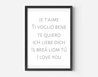 I Love You in 6 Languages Print | Printable Wall Art | Digital Download | Valentine's Day | Love Print | Love | Vday Gift | Anniversary