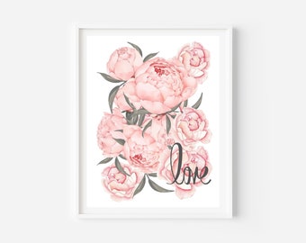 Amor con flores de peonía rosa Impresión de fondo / Arte de pared imprimible / Descarga digital / Impresión de amor / Día de San Valentín / Impresión VDay / Peonías