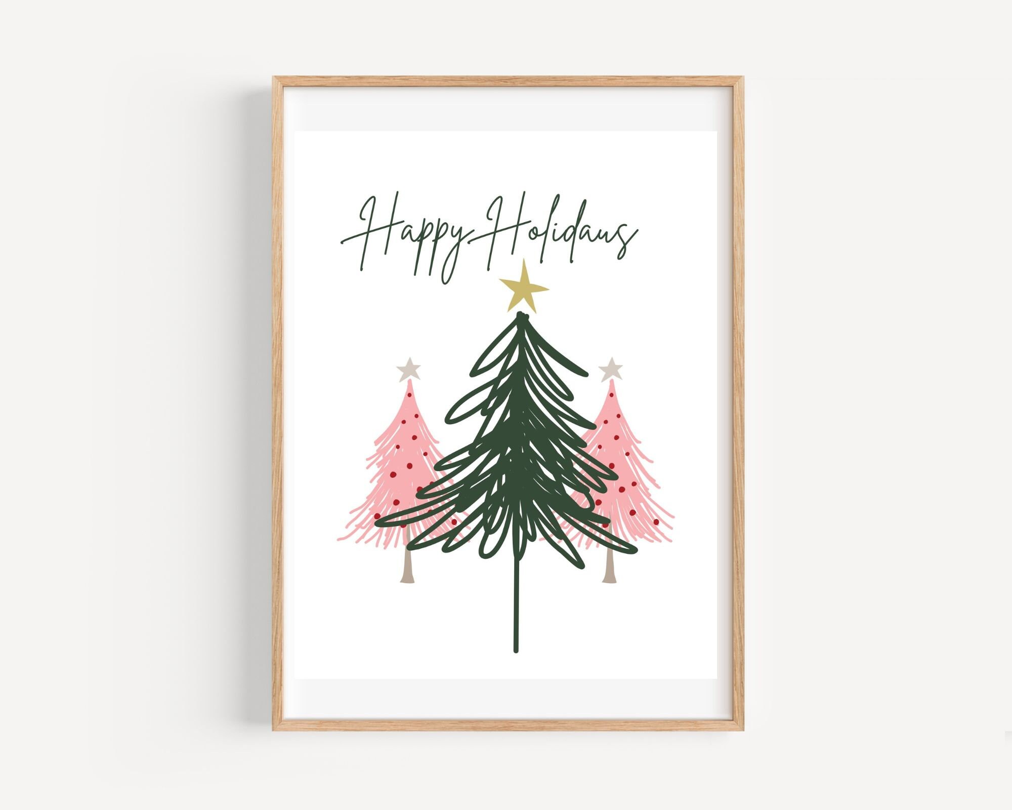 happy-holidays-with-pink-and-green-trees-print-printable-wall-art-digital-download-wall-decor-winter-christmas-art-holiday-art-etsy