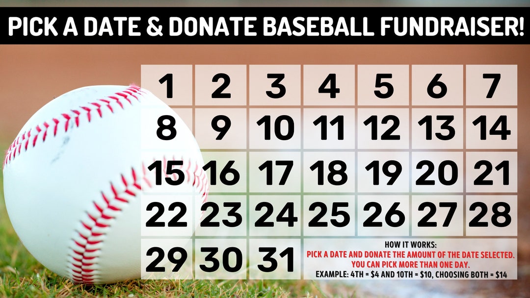 Baseball Fundraiser Pick a Date & Donate Calendar Fundraiser, Pick a