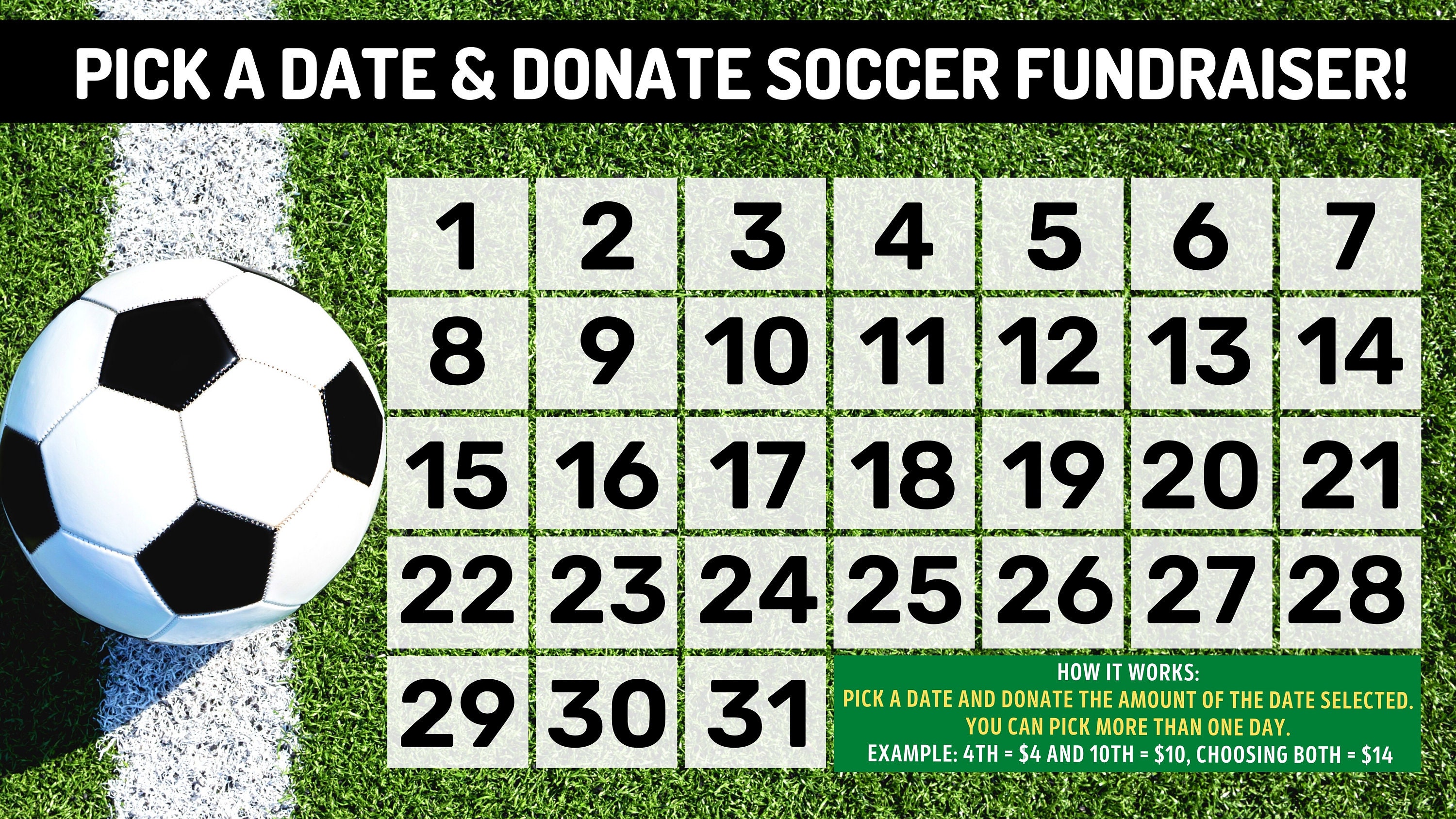 Soccer Fundraiser Pick a Date & Donate Calendar Fundraiser, Pick a Date