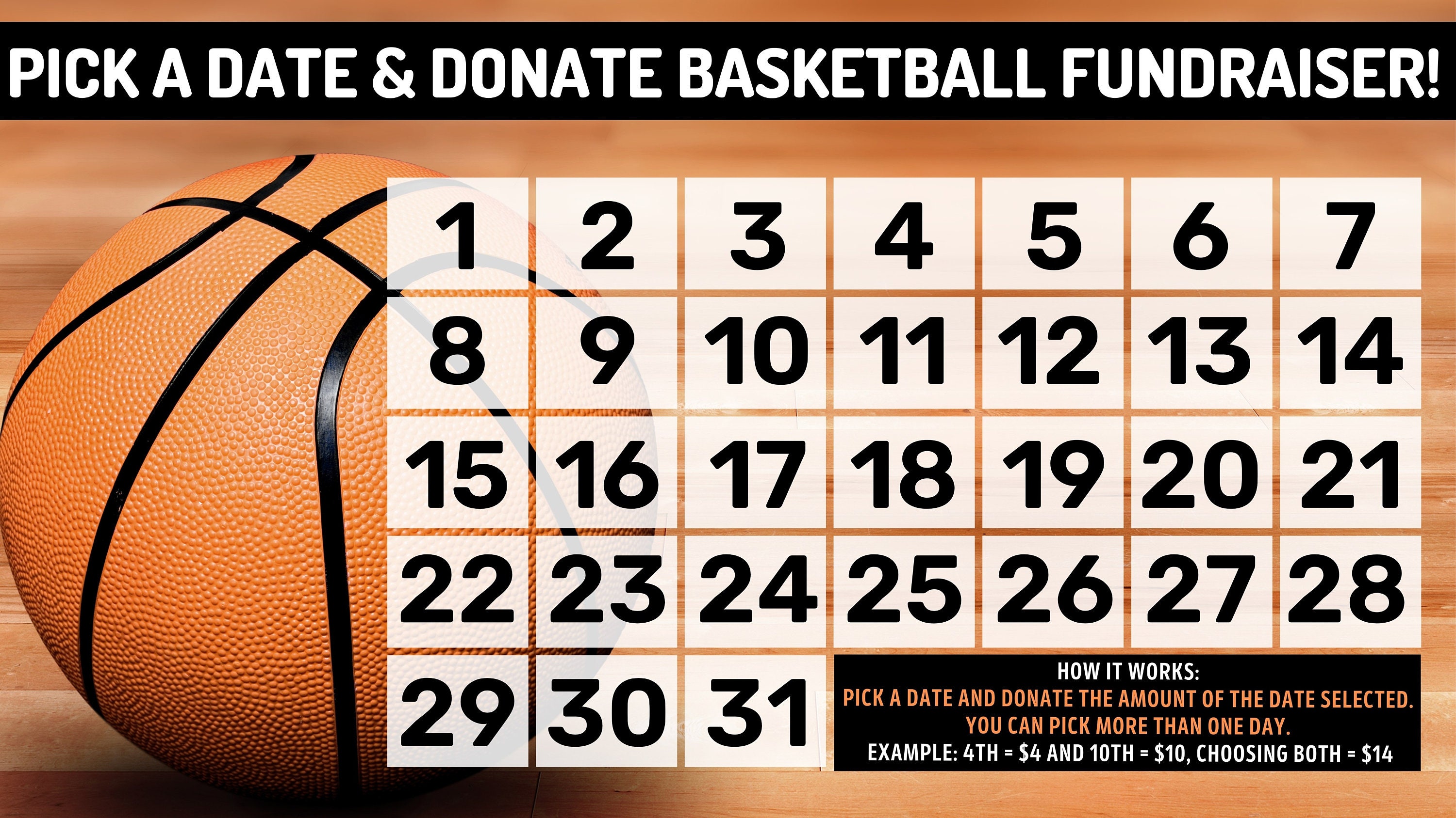 Basketball Fundraiser Pick a Date & Donate Calendar Fundraiser, Pick a